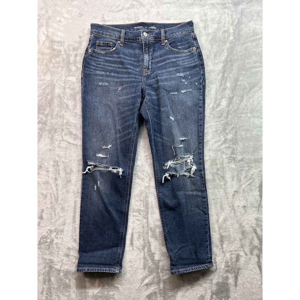 Old Navy Womens Sz 4‎ Designer Jeans Blue Mid Rise Boyfriend Distressed Denim